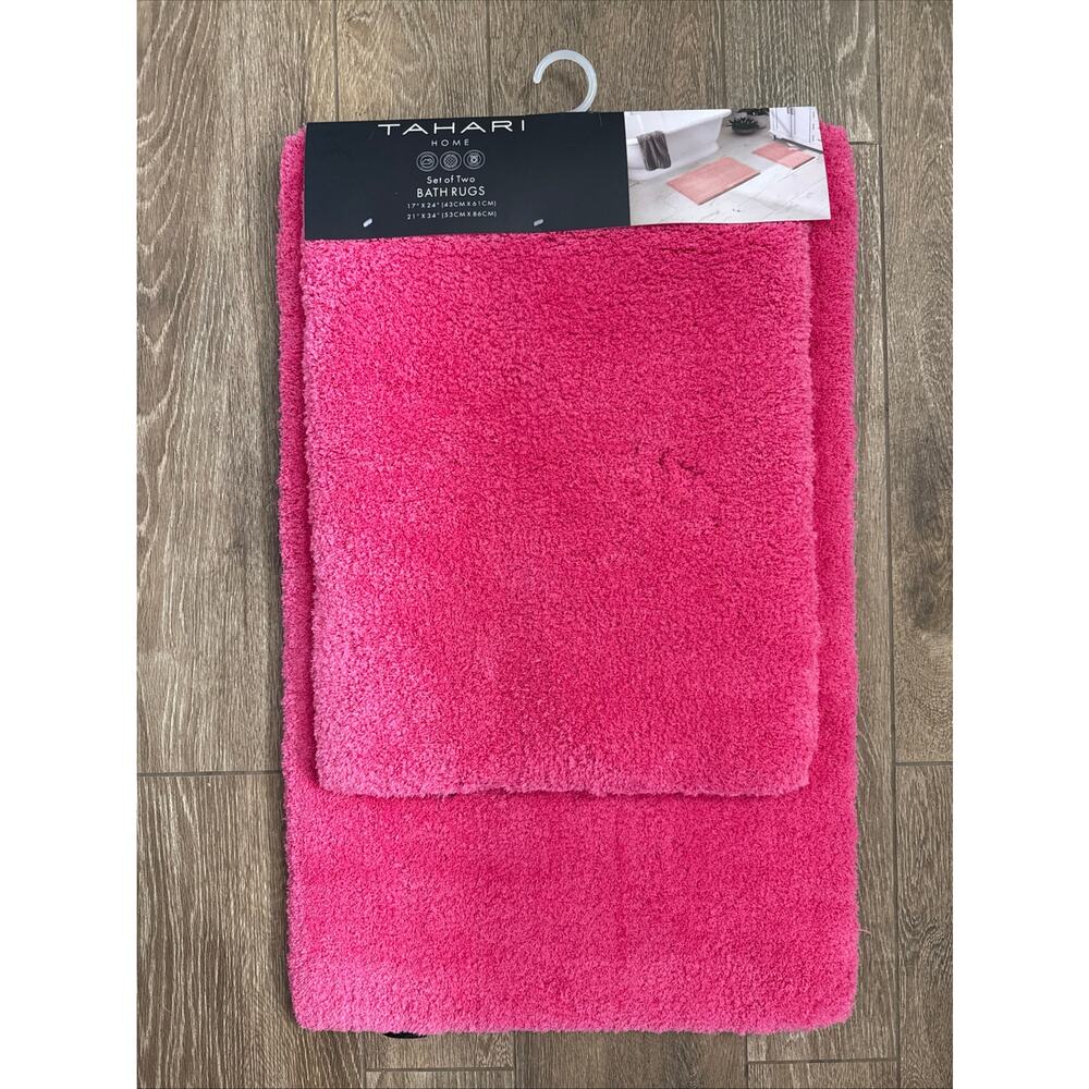 SET of 2 HOT BRIGHT PINK Tahari Bathroom Rugs Bath Mat Drylon Plush Non-Slip Rug